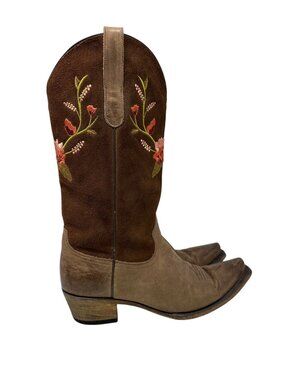 FM1101 Brown Floral Embroidered Leather Western Cowboy Boots Women's Size 10